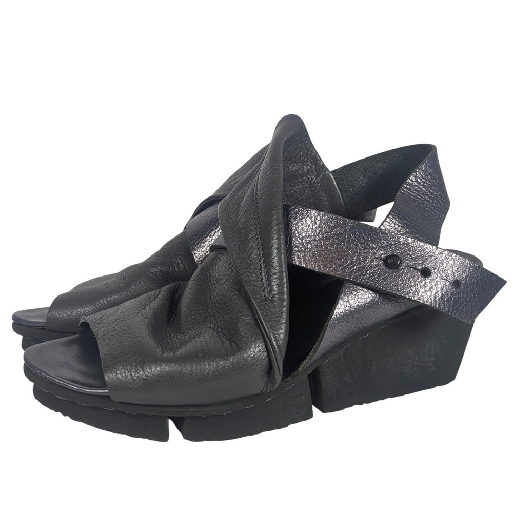 Trippen Rail F Metallic Charcoal Architectural Wedge Sandals Grey Black Size 37